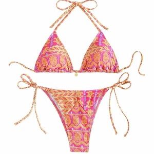Vibrant Pink & Orange Printed Tie-Side Bikini